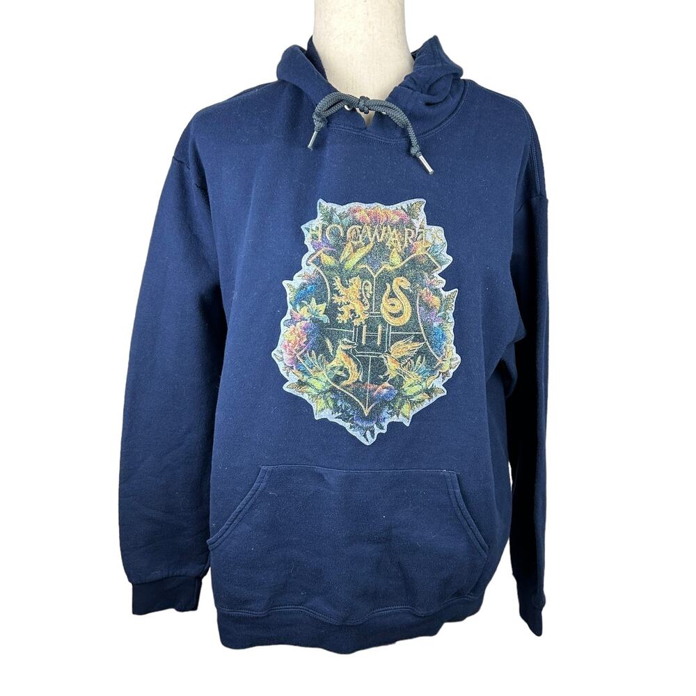 Harry Potter Hogwarts Sparkling Crest on Navy Fruit of the Loom Hoodie Size L